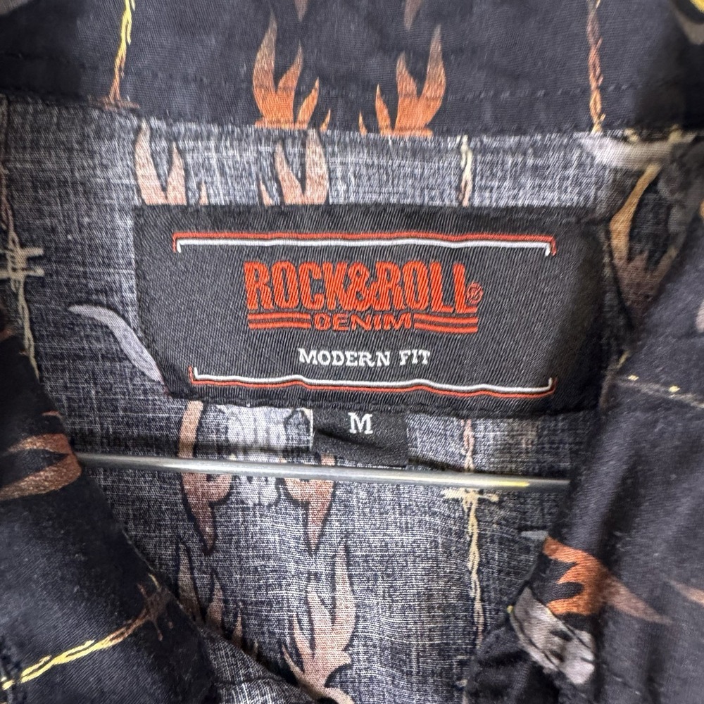 Rock & Roll Denim Shirt Mens M Aztec Western Pearl Snap Barbed Wire Steer Flames - Picture 6 of 13